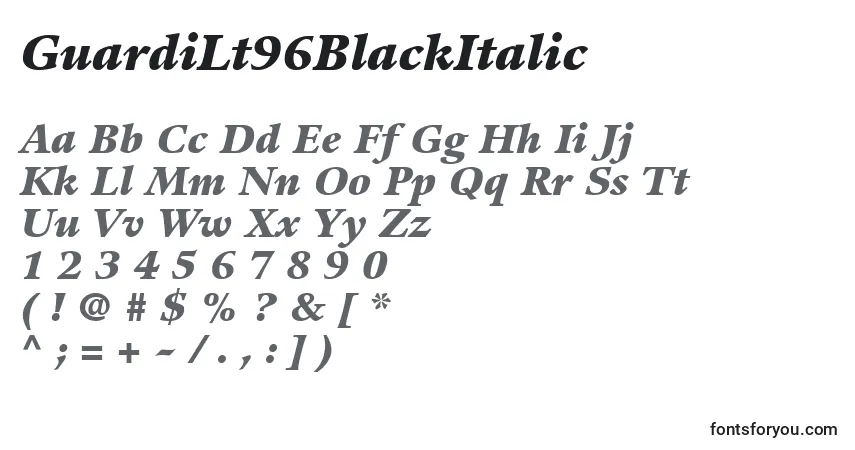 Шрифт GuardiLt96BlackItalic – алфавит, цифры, специальные символы