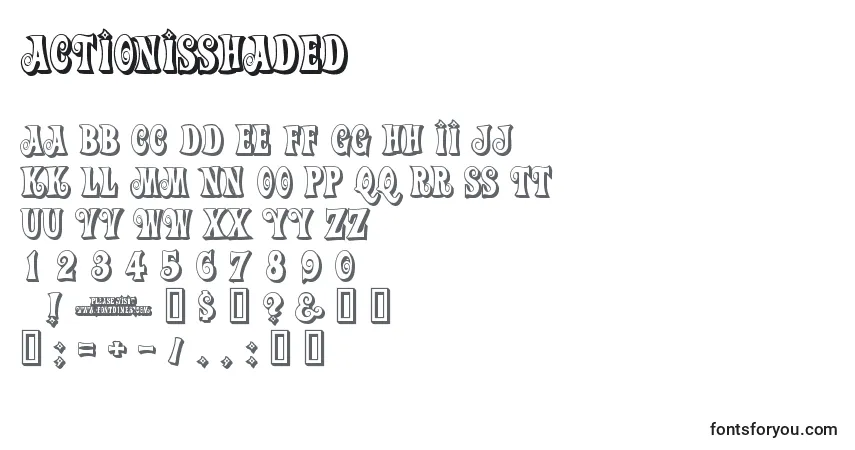 Schriftart Actionisshaded – Alphabet, Zahlen, spezielle Symbole