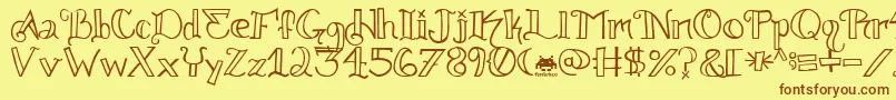 フォントKnuckle.Tatz.Fontvir.Us – 茶色の文字が黄色の背景にあります。