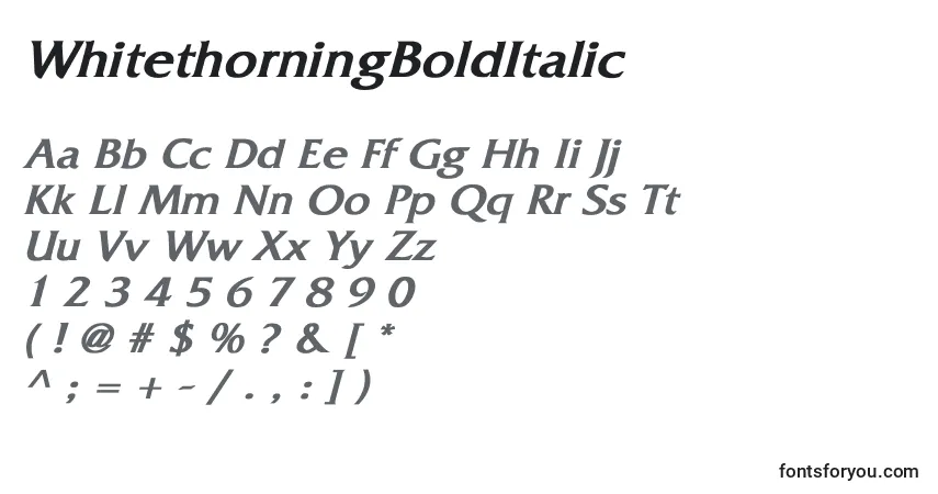 A fonte WhitethorningBoldItalic – alfabeto, números, caracteres especiais