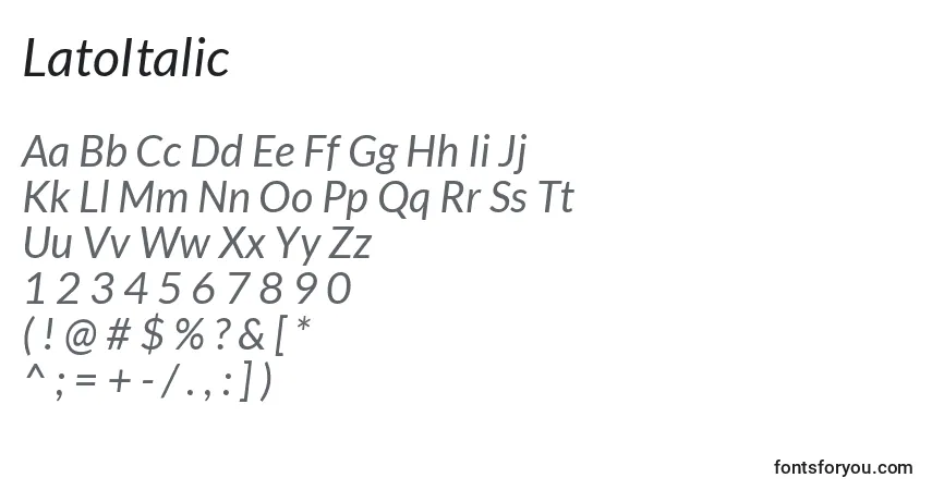 Schriftart LatoItalic – Alphabet, Zahlen, spezielle Symbole