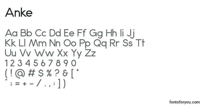 Schriftart Anke (25738) – Alphabet, Zahlen, spezielle Symbole