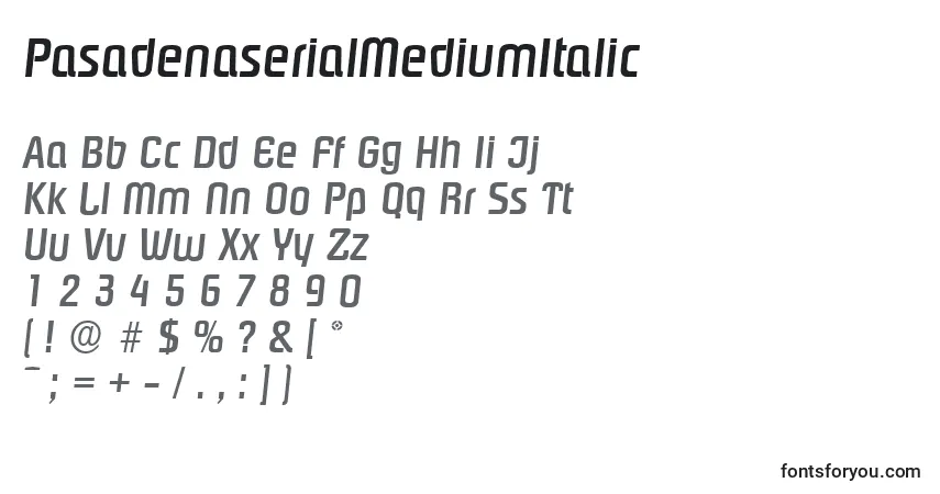Czcionka PasadenaserialMediumItalic – alfabet, cyfry, specjalne znaki