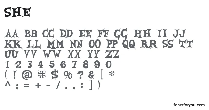 Schriftart She – Alphabet, Zahlen, spezielle Symbole
