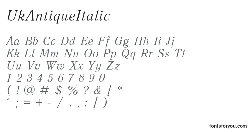 Czcionka UkAntiqueItalic – alfabet, cyfry, specjalne znaki
