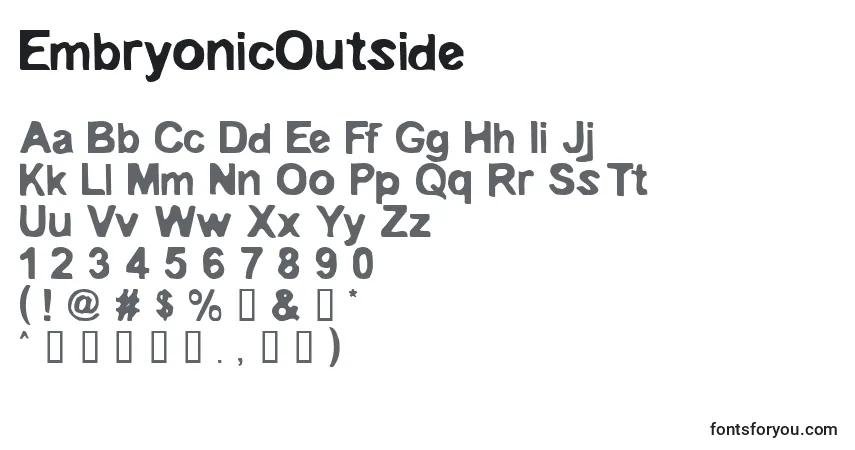 Czcionka EmbryonicOutside – alfabet, cyfry, specjalne znaki