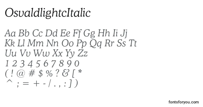 Шрифт OsvaldlightcItalic – алфавит, цифры, специальные символы