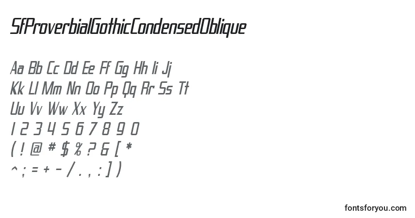 SfProverbialGothicCondensedOblique-fontti – aakkoset, numerot, erikoismerkit
