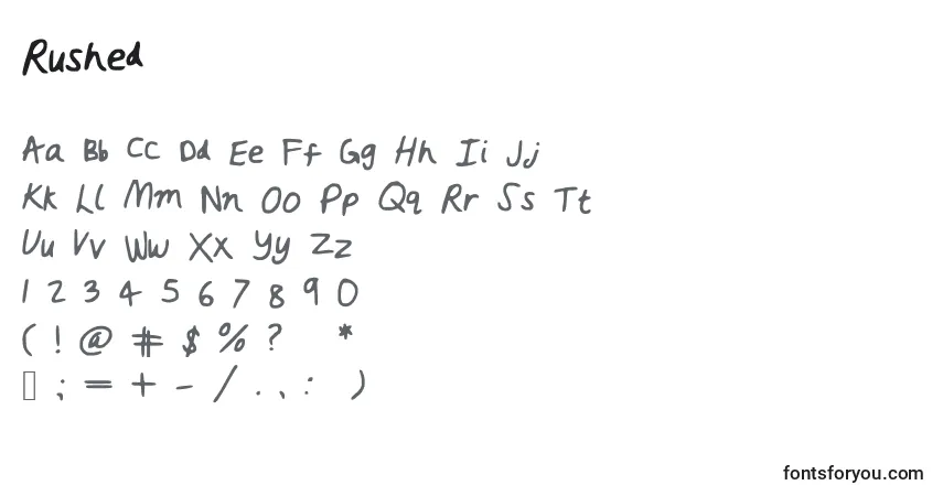 Czcionka Rushed – alfabet, cyfry, specjalne znaki