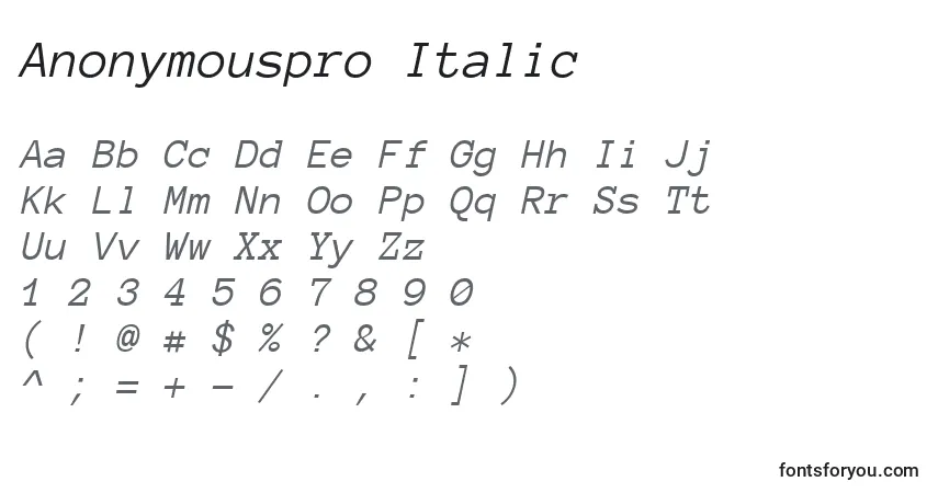Schriftart Anonymouspro Italic – Alphabet, Zahlen, spezielle Symbole