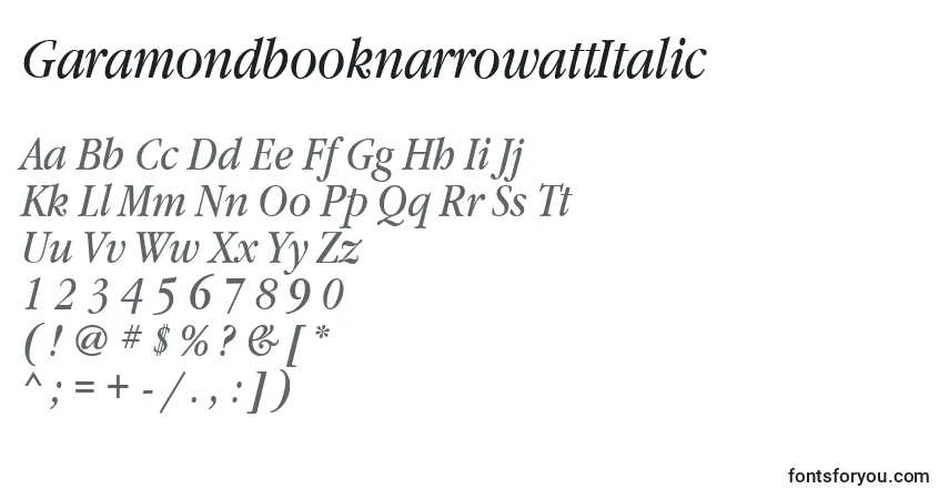 Шрифт GaramondbooknarrowattItalic – алфавит, цифры, специальные символы