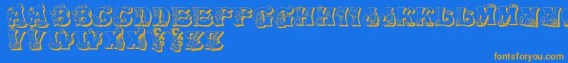 フォントKitchenKapers2 – オレンジ色の文字が青い背景にあります。