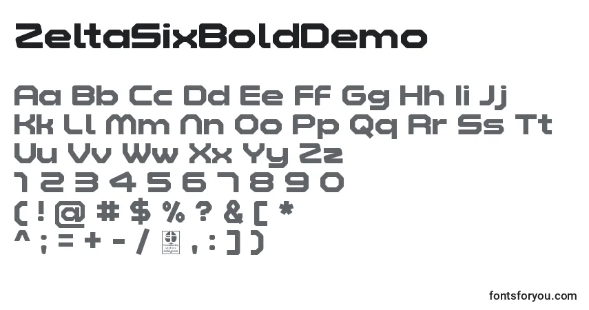 Czcionka ZeltaSixBoldDemo – alfabet, cyfry, specjalne znaki