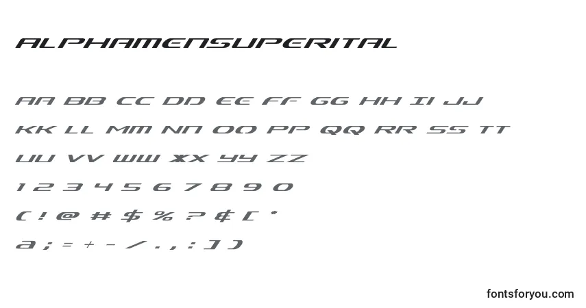 Czcionka Alphamensuperital – alfabet, cyfry, specjalne znaki