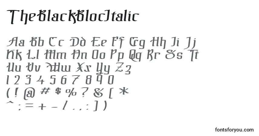 Шрифт TheBlackBlocItalic – алфавит, цифры, специальные символы