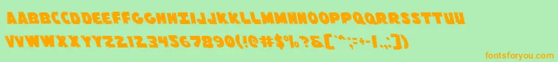フォントFlyingleatherv2left – オレンジの文字が緑の背景にあります。