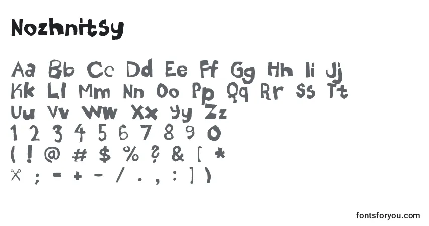 Czcionka Nozhnitsy – alfabet, cyfry, specjalne znaki
