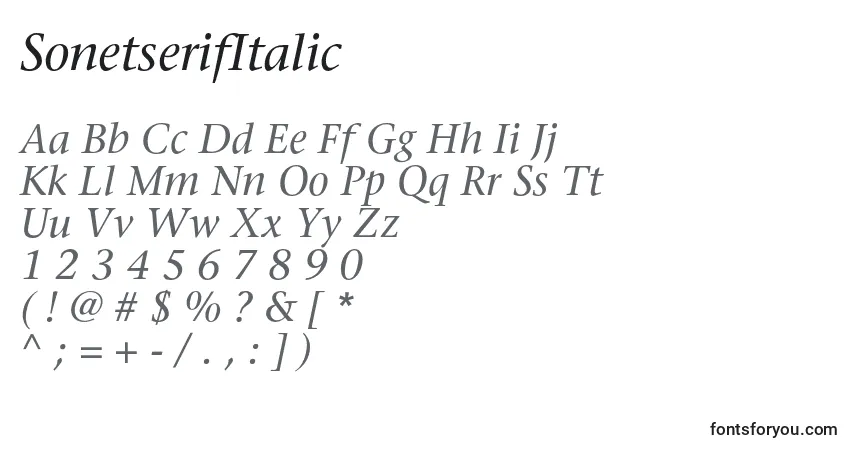 SonetserifItalic-fontti – aakkoset, numerot, erikoismerkit