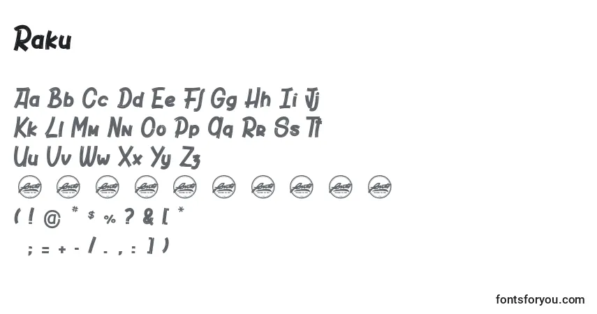 Schriftart Raku – Alphabet, Zahlen, spezielle Symbole