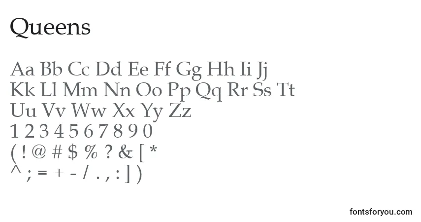 Czcionka Queens – alfabet, cyfry, specjalne znaki