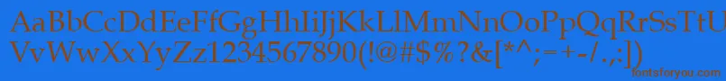 フォントQueens – 茶色の文字が青い背景にあります。