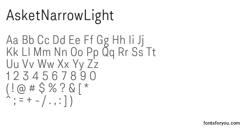 Schriftart AsketNarrowLight – Alphabet, Zahlen, spezielle Symbole