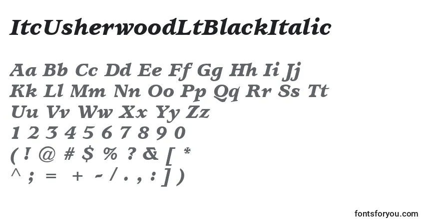 Czcionka ItcUsherwoodLtBlackItalic – alfabet, cyfry, specjalne znaki