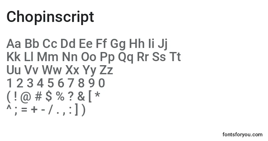 Czcionka Chopinscript – alfabet, cyfry, specjalne znaki