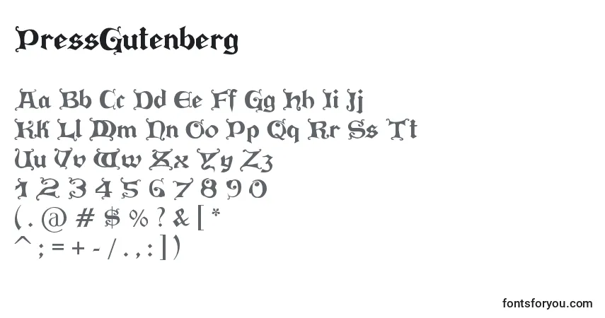 PressGutenberg Font – alphabet, numbers, special characters