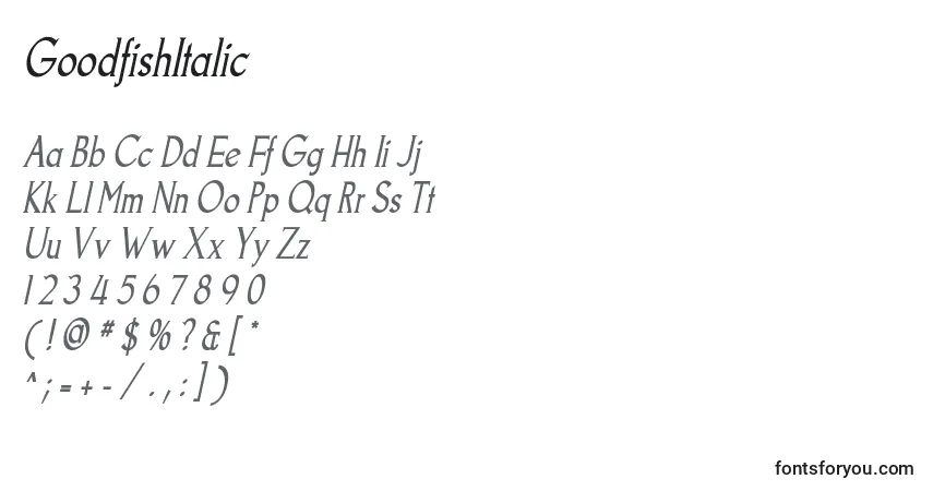 Schriftart GoodfishItalic – Alphabet, Zahlen, spezielle Symbole