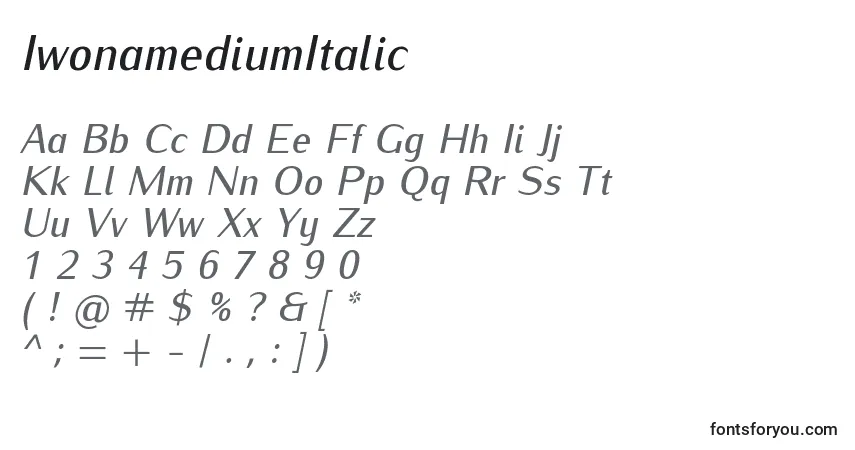 Schriftart IwonamediumItalic – Alphabet, Zahlen, spezielle Symbole