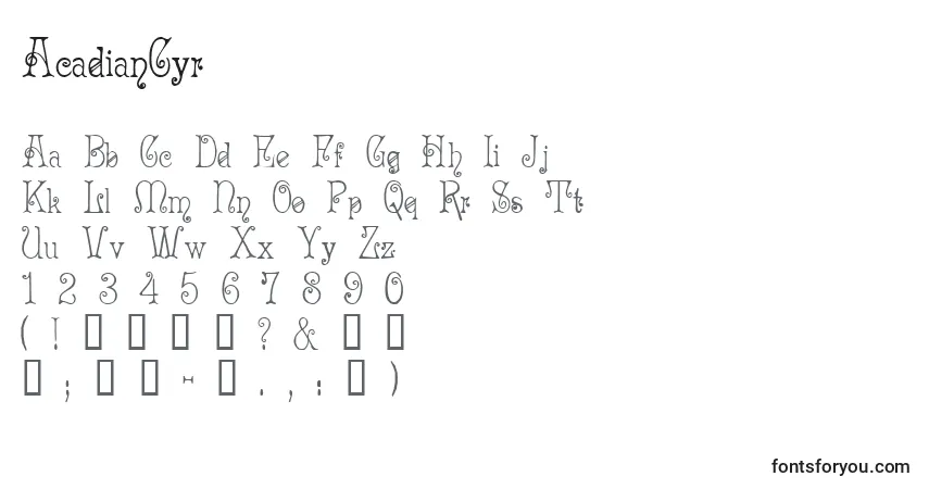 A fonte AcadianCyr – alfabeto, números, caracteres especiais