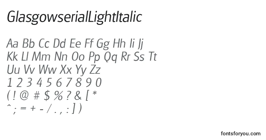 A fonte GlasgowserialLightItalic – alfabeto, números, caracteres especiais