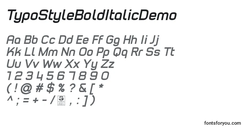 Schriftart TypoStyleBoldItalicDemo – Alphabet, Zahlen, spezielle Symbole