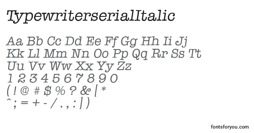 Шрифт TypewriterserialItalic – алфавит, цифры, специальные символы