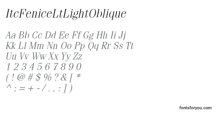 Czcionka ItcFeniceLtLightOblique – alfabet, cyfry, specjalne znaki