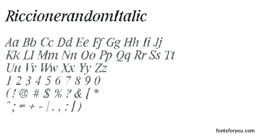 Schriftart RiccionerandomItalic – Alphabet, Zahlen, spezielle Symbole
