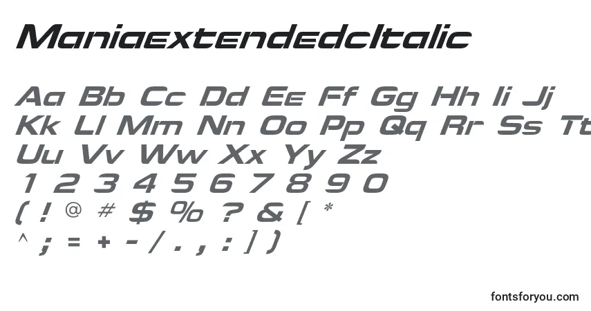 Czcionka ManiaextendedcItalic – alfabet, cyfry, specjalne znaki