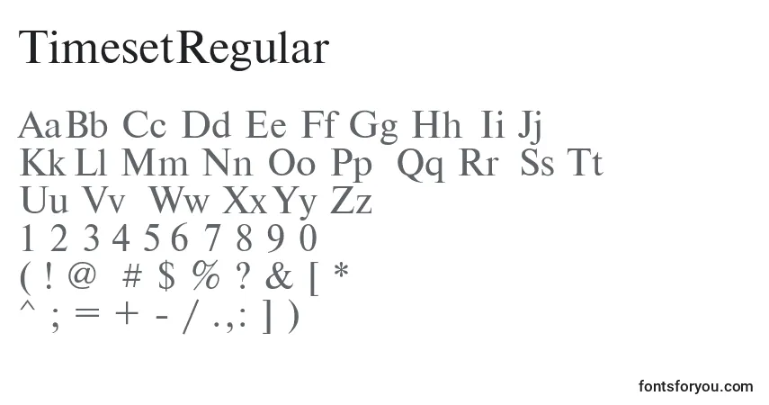 TimesetRegular Font – alphabet, numbers, special characters