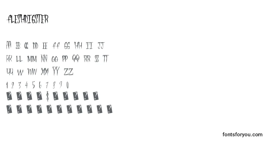 Czcionka Fleshdigster – alfabet, cyfry, specjalne znaki