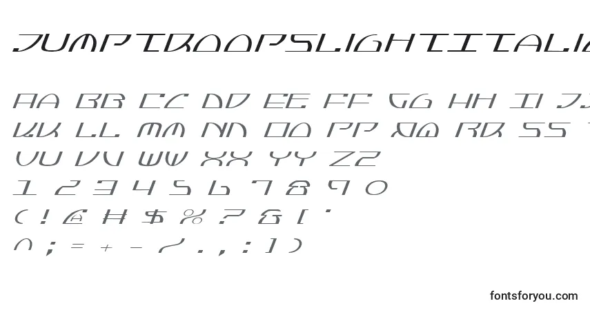 A fonte JumptroopsLightItalic – alfabeto, números, caracteres especiais