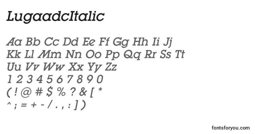 A fonte LugaadcItalic – alfabeto, números, caracteres especiais
