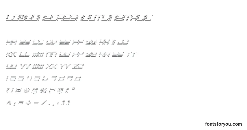 Schriftart LowGunScreenOutlineItalic – Alphabet, Zahlen, spezielle Symbole