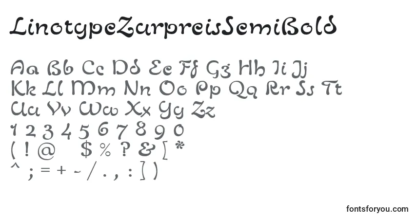 A fonte LinotypeZurpreisSemiBold – alfabeto, números, caracteres especiais