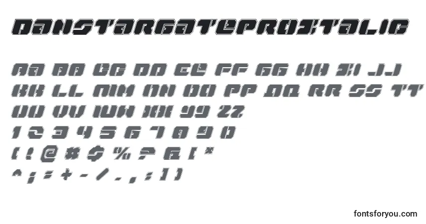 Schriftart DanStargateProItalic – Alphabet, Zahlen, spezielle Symbole