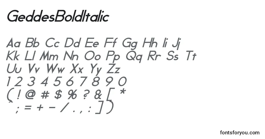 A fonte GeddesBoldItalic – alfabeto, números, caracteres especiais