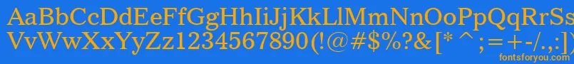 フォントImperialBt – オレンジ色の文字が青い背景にあります。