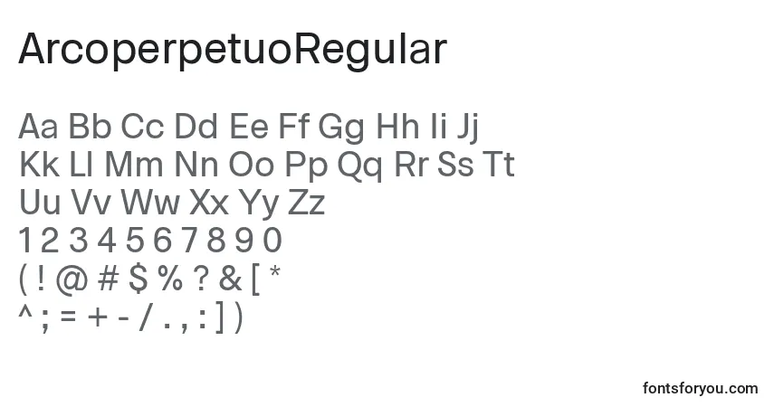 A fonte ArcoperpetuoRegular – alfabeto, números, caracteres especiais