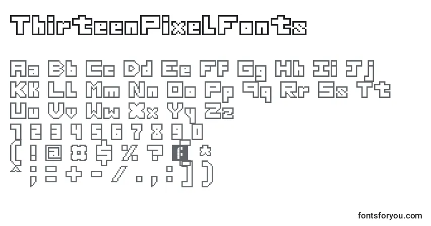 Czcionka ThirteenPixelFonts – alfabet, cyfry, specjalne znaki