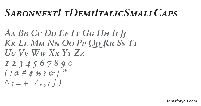 Czcionka SabonnextLtDemiItalicSmallCaps – alfabet, cyfry, specjalne znaki